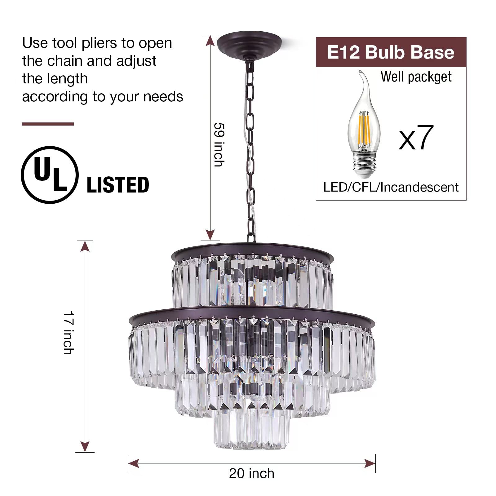 Modern Crystal Chandelier - 20 Inch Round 4-Tier Pendant Ceiling Light Fixture in Brown for Dining Room, Living Room | Elegant Home Lighting for Weddings, Restaurants & Luxury Interiors