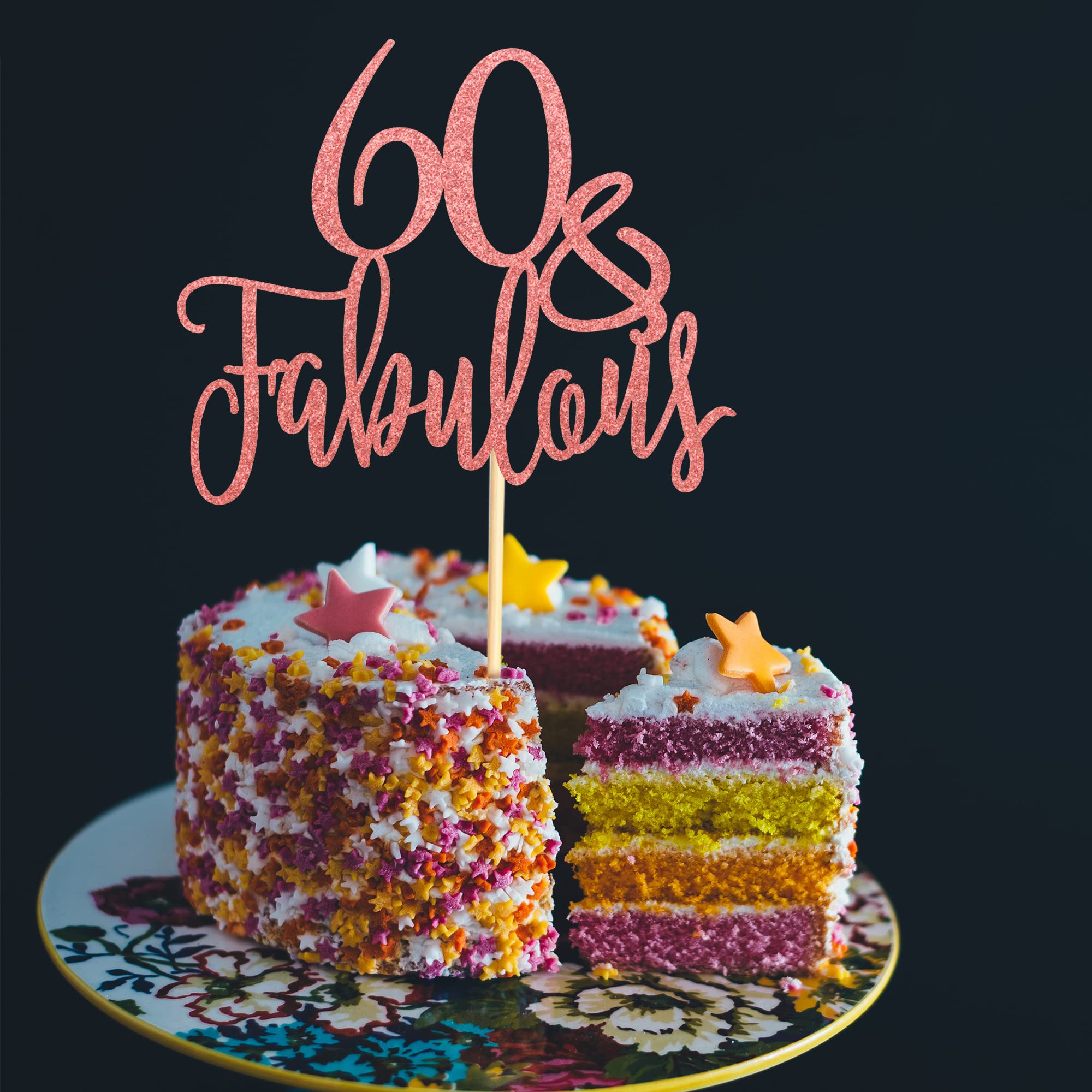 60 & Fabulous Cake Topper - Rose Gold Glitter Happy 60th Birthday Cake Decoration for Anniversary Parties, Wedding Celebrations & Special Occasions