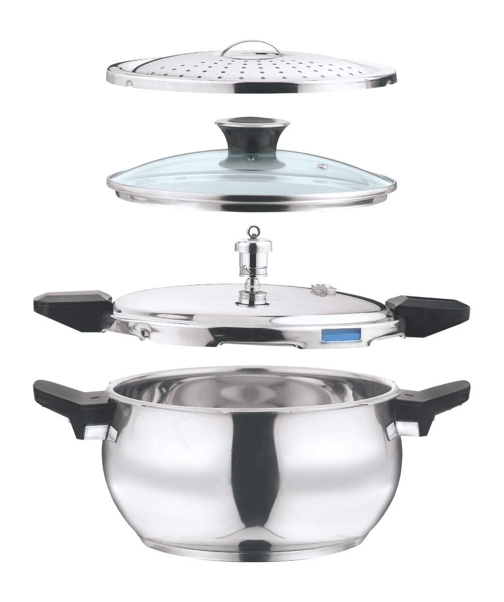 Vinod 18/8 Stainless Steel Magic Pressure Cooker 3.5L - Induction & Gas Stove Compatible with 3 Lids (Pressure, Straining, Glass) - Perfect for Quick Cooking, Meal Prep & Indian Cuisine