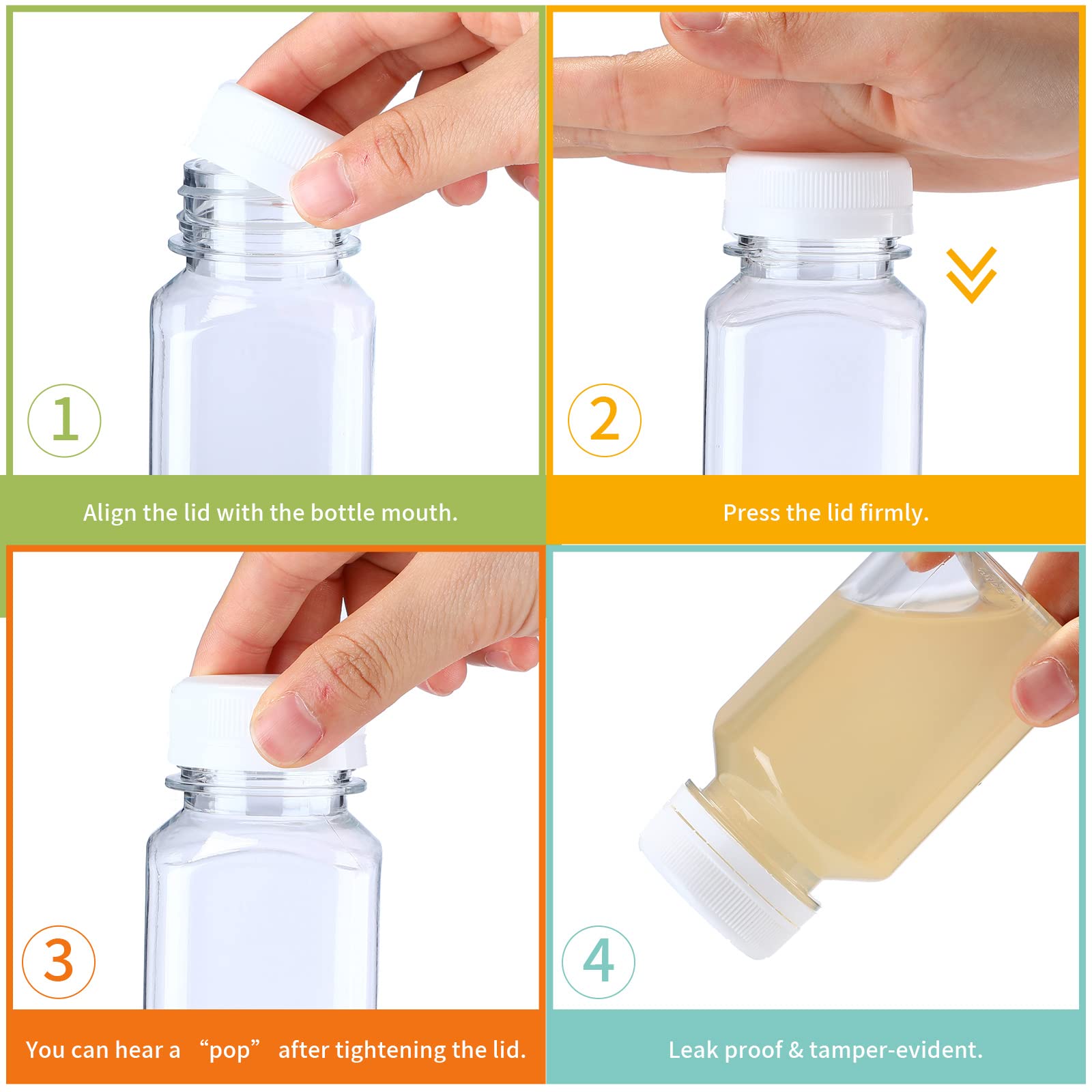 Nuogo 36 Pack 5 oz Plastic Juice Bottles with Lids - Reusable Clear Drink Containers for Juicing, Milk, Water & Beverages | Includes Funnel & Brush | Perfect for Home, Party, Restaurant & Catering (White Lid)