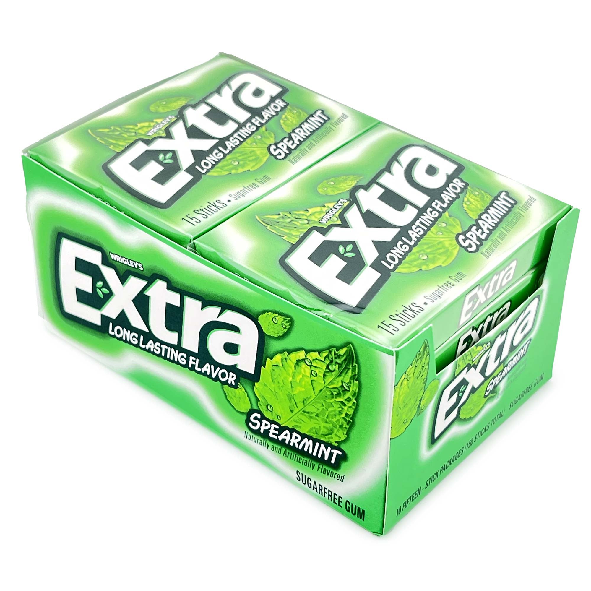 Extra Spearmint Sugar Free Chewing Gum - 15 Sticks per Pack, 10 Packs per Box | Fresh Breath for Workouts, Meetings & Daily Use
