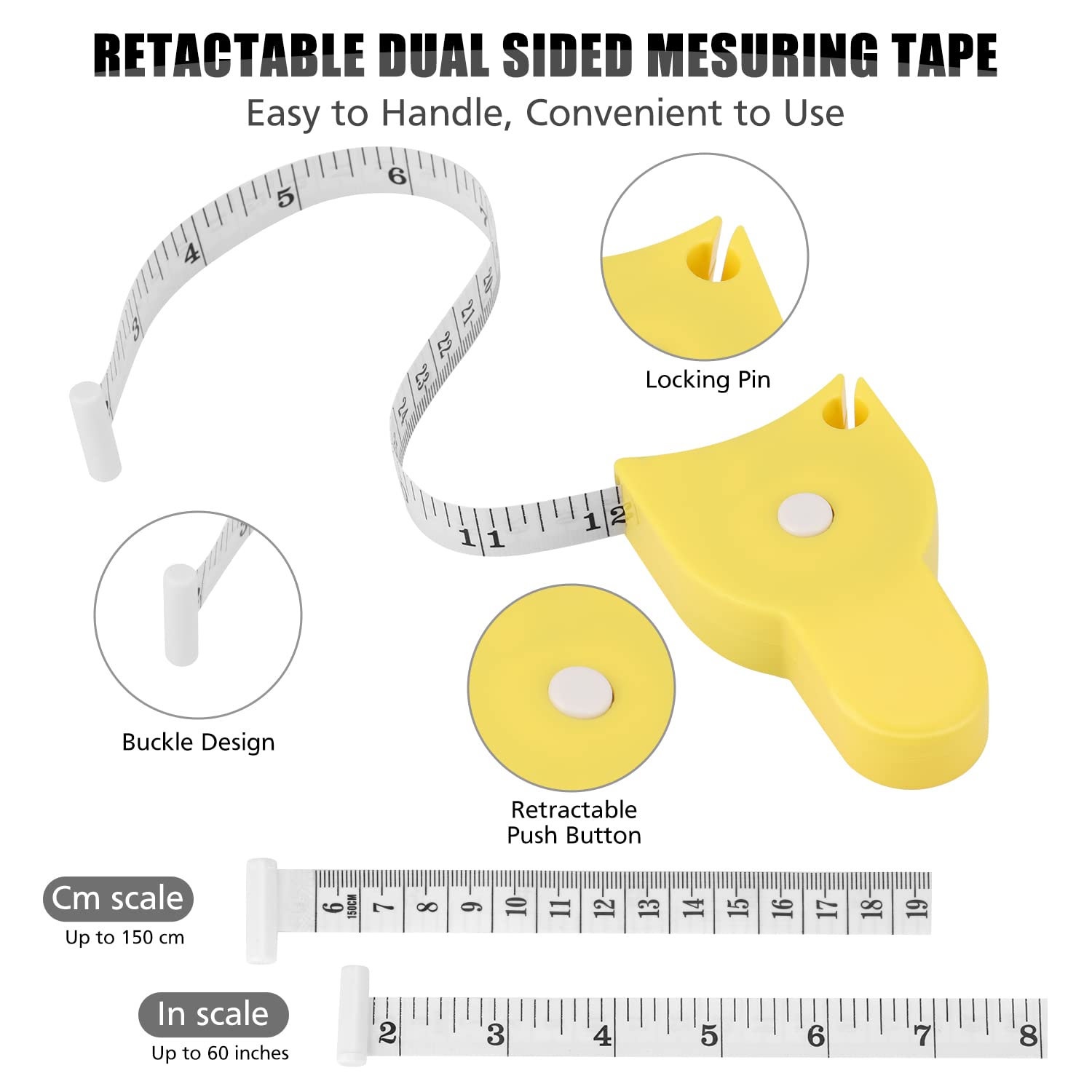 60 Inch (150cm) Retractable Body Measuring Tape - 4 Pack Slim Tape Measure for Accurate Weight Loss & Muscle Gain Tracking, One-Hand Operation - Perfect for Fitness, Sewing & Tailoring Projects