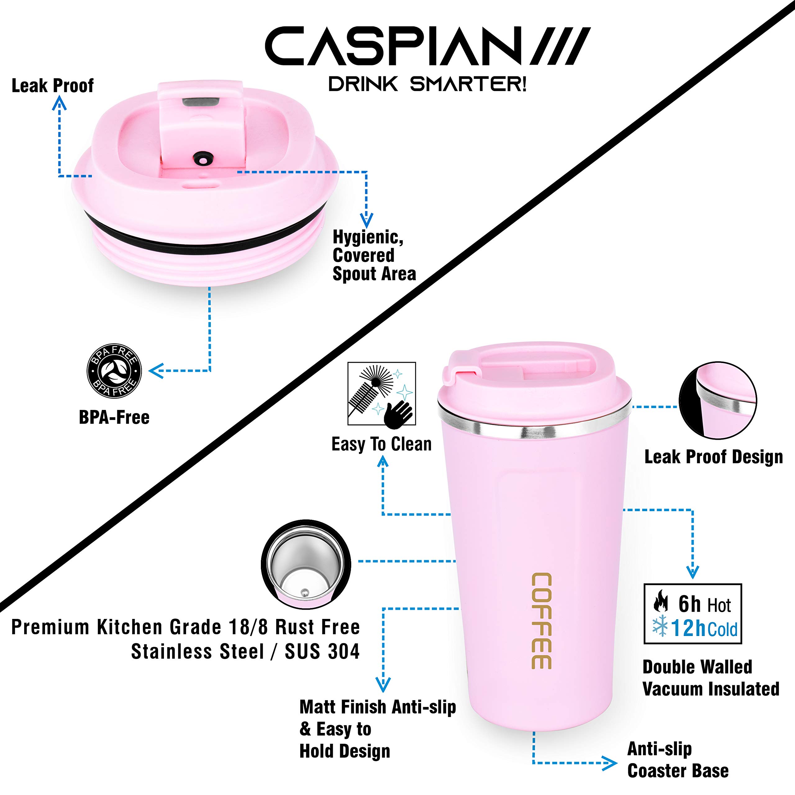 Caspian Vacuum Insulated Tumbler 500ml - Light Pink for Coffee & Travel