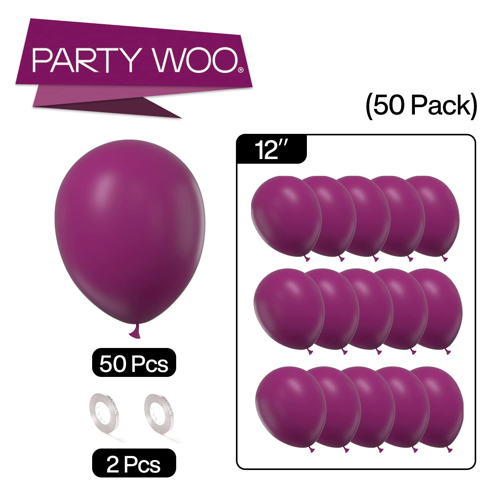 50 Pcs 12 Inch Boho Purple Balloons - Dark Purple Balloon Garland & Arch Kit for Birthday, Wedding, Baby Shower Decorations | PartyWoo Premium Latex Balloons for Indoor & Outdoor Party Decor