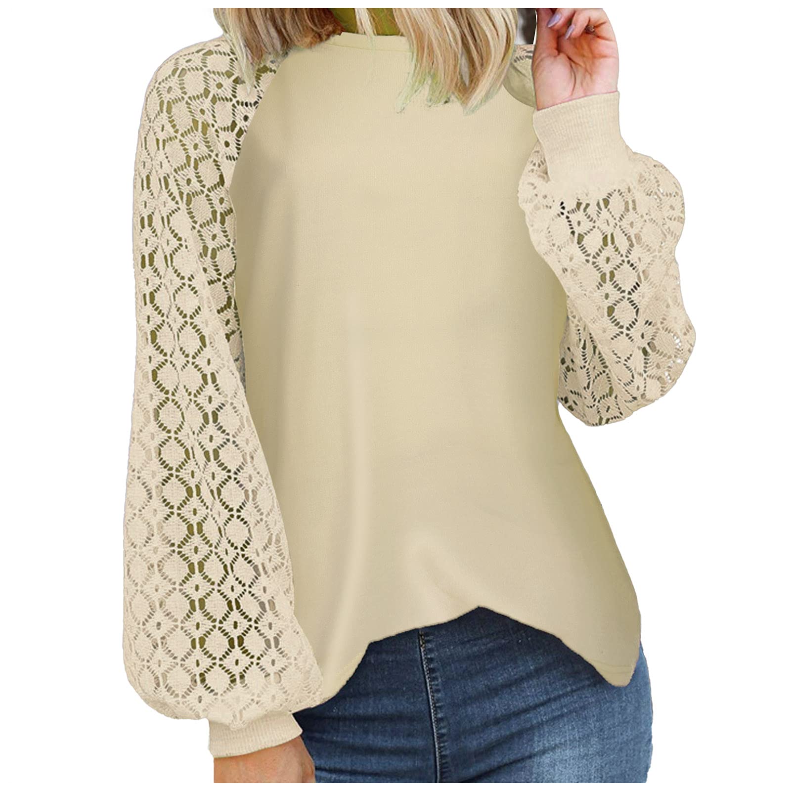 Women's Long Sleeve V-Neck Lace Blouse - Fall Casual Raglan Pullover Top with Balloon Sleeves | Perfect for Office Wear, Date Nights & Autumn Layering