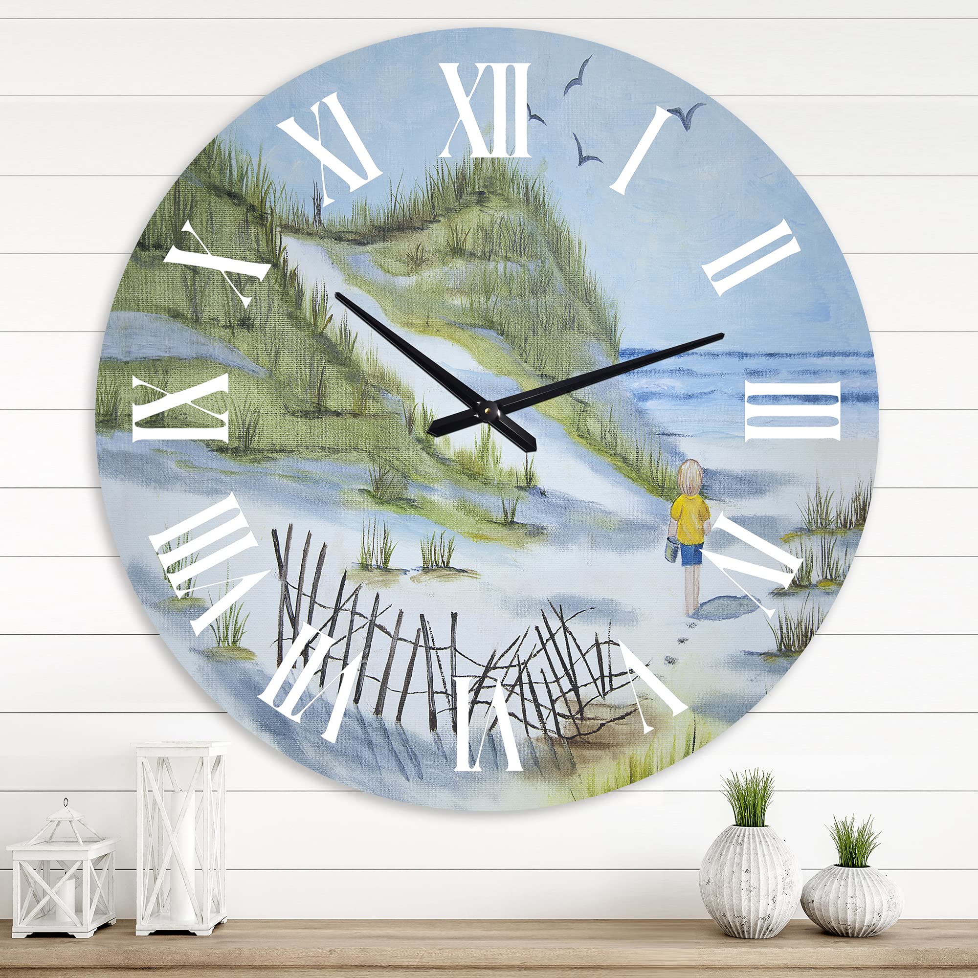 DesignQ Nautical Coastal Wall Clock - 'Child Walking on Beach' Blue Round Clock for Bedroom, Living Room, Office Decor | Perfect for Beach House, Coastal Theme & Home Interior Design