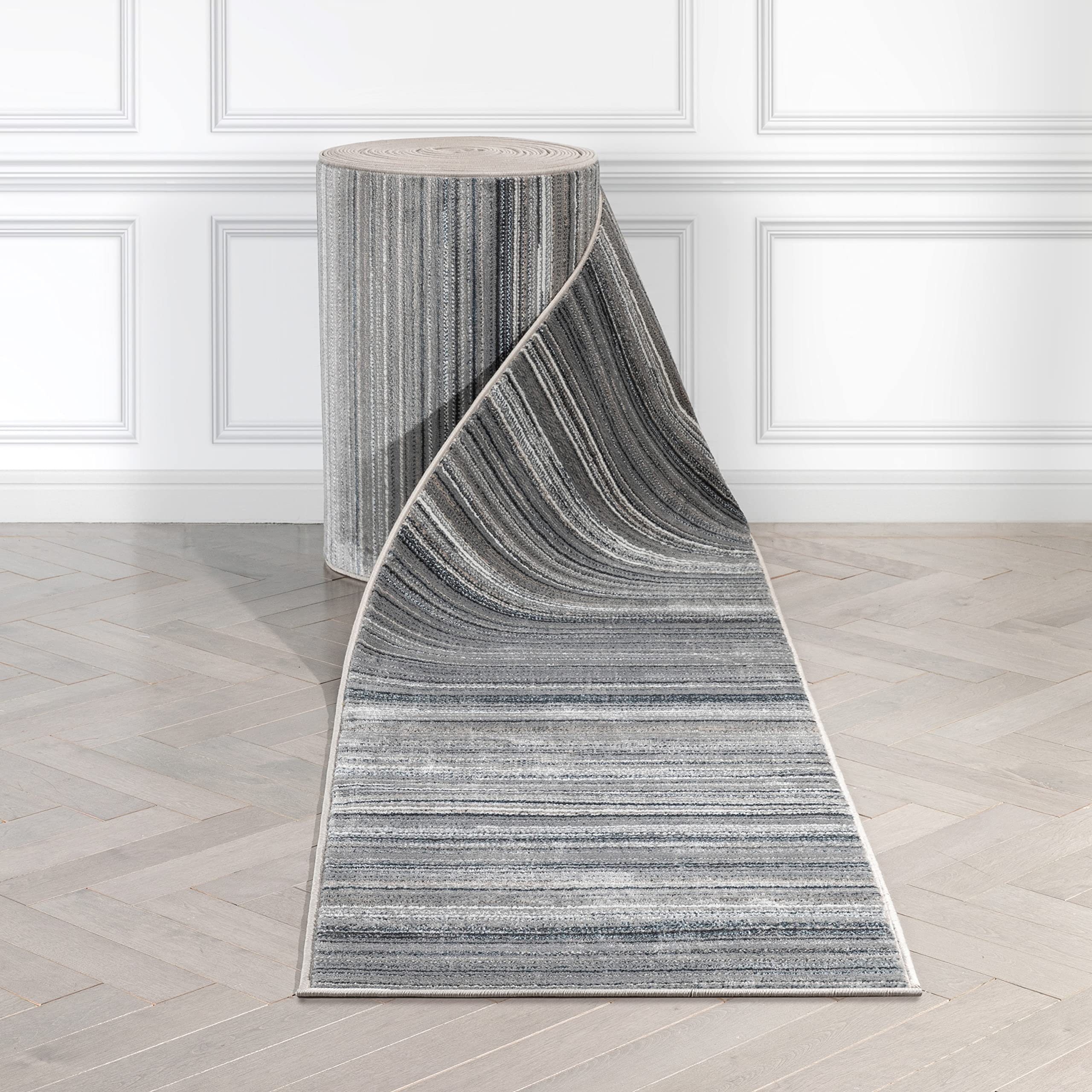 Well Woven Custom Size Runner Rug - Ginelle Grey Blue Abstract Geometric Stripes - 31