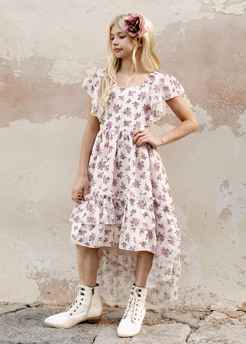 Dimia Women's Lilac Ditsy Floral Dress - Elegant Flowy Midi Dress with Short Sleeves for Spring Summer, Wedding Guest, Date Night & Special Occasions