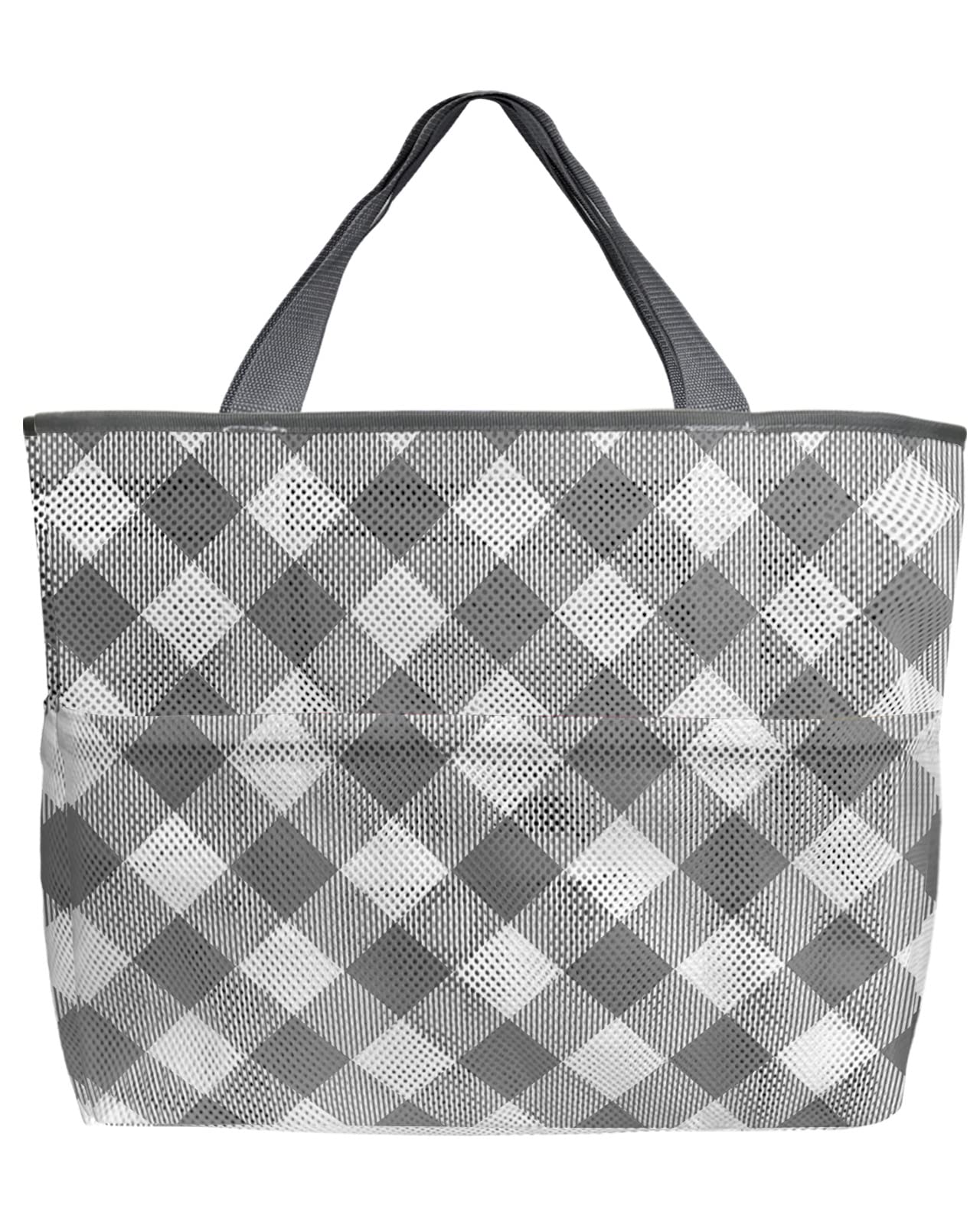 Mesh Beach Tote Bag - 60L Oversized Gray Buffalo Check Plaid Tote | Quick Dry Swim Bag with Pockets | Foldable Lightweight for Beach, Pool, Shopping & Travel (24