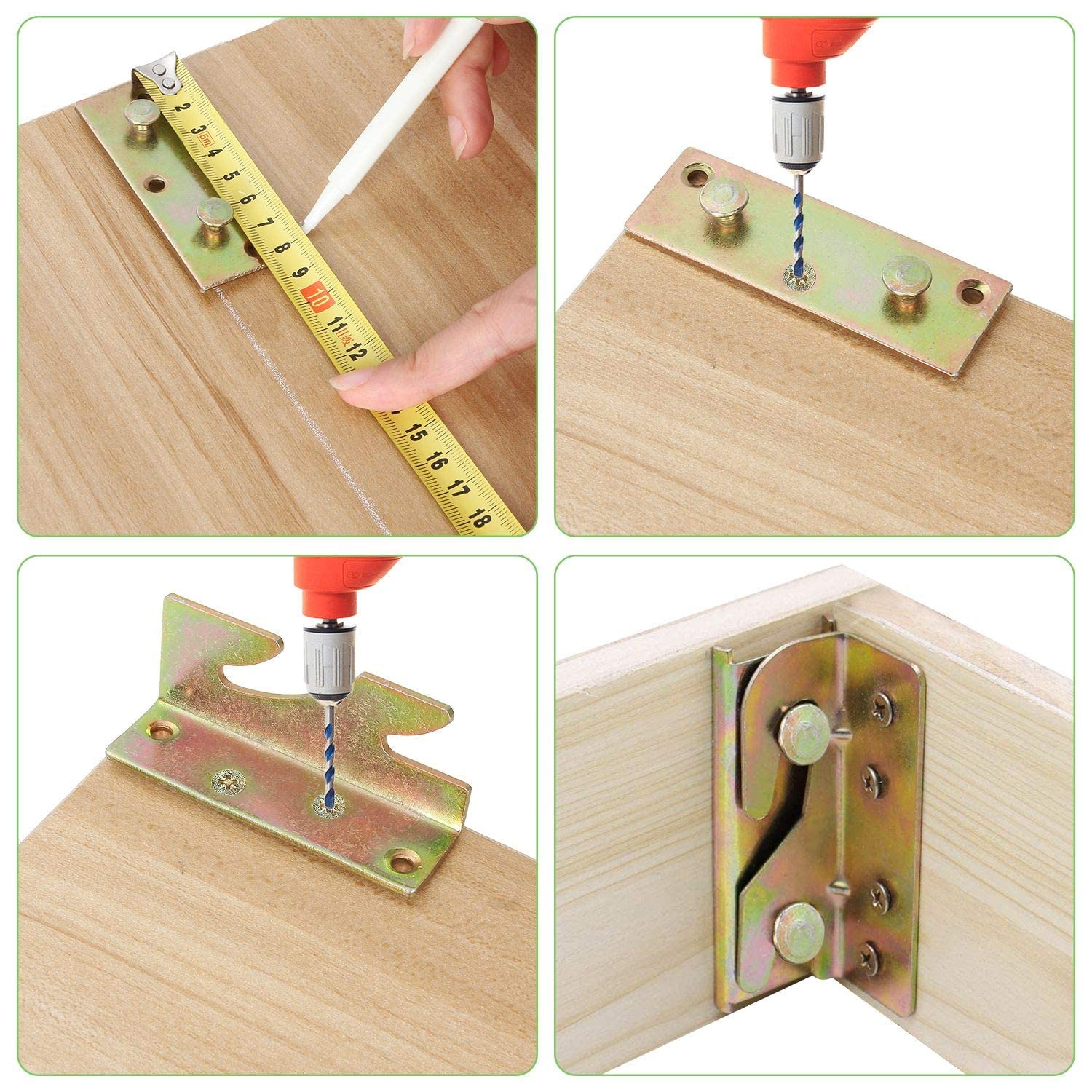 Heavy Duty No-Mortise Bed Rail Brackets Set of 4 - Steel Gold Brackets & Plates with Screws for Wooden Bed Frames, Rails, Headboards & Footboards - Perfect for Bed Frame Assembly, Repair and DIY Furniture Projects