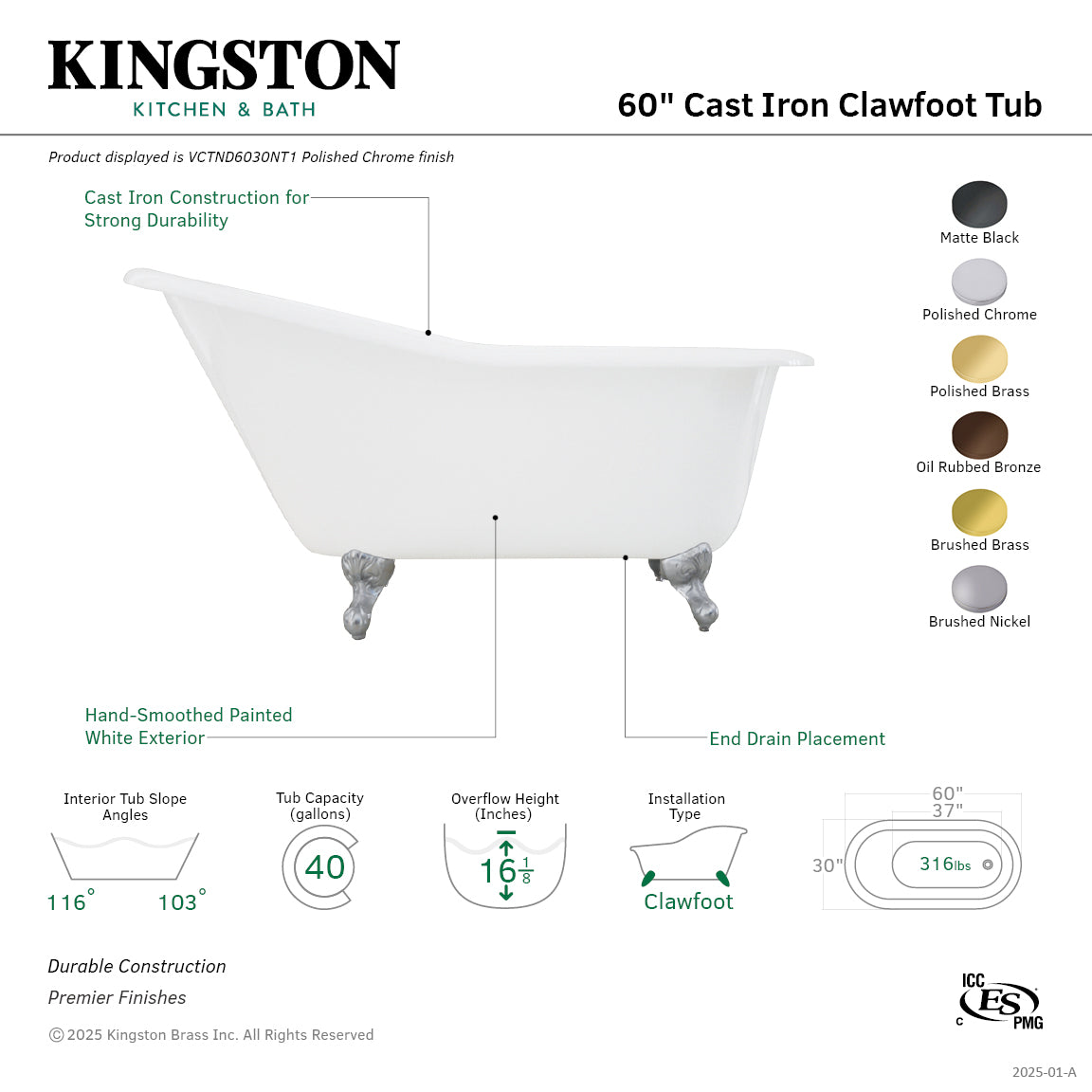 Aqua Eden 60 Inch White Cast Iron Clawfoot Bathtub - Oil Rubbed Bronze Oval Single Slipper Tub Without Faucet Drillings | Vintage Bathroom Decor, Luxury Soaking Tub for Spa-Like Experience