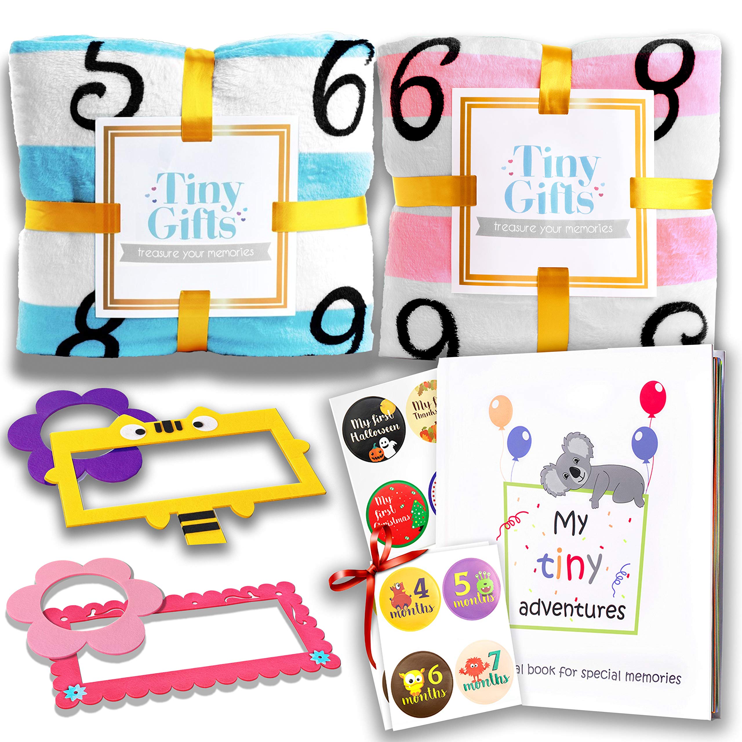 Blue & Pink Baby Monthly Milestone Blanket Set with Memory Book & 28 Stickers - Newborn Photo Props, First Year Keepsake, Baby Shower Gift for Boys & Girls