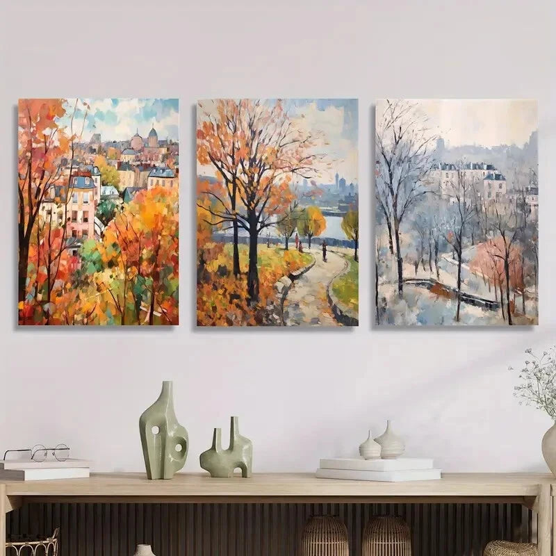 3-Piece Autumn City Park Painting - Kalemegdan Park Metal Wall Art Print, Ready to Hang | Perfect for Living Room, Bedroom & Office Decor