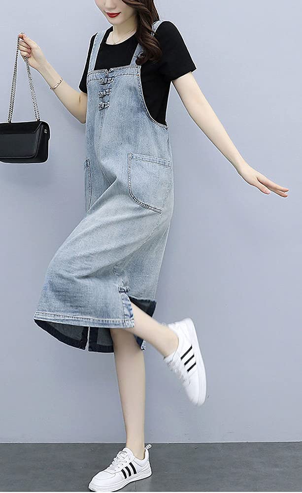 Women's Casual Frog Button Denim Overalls Dress A-Line Midi Long - Stylish Retro Outfit for Streetwear, Date Night & Spring Fashion
