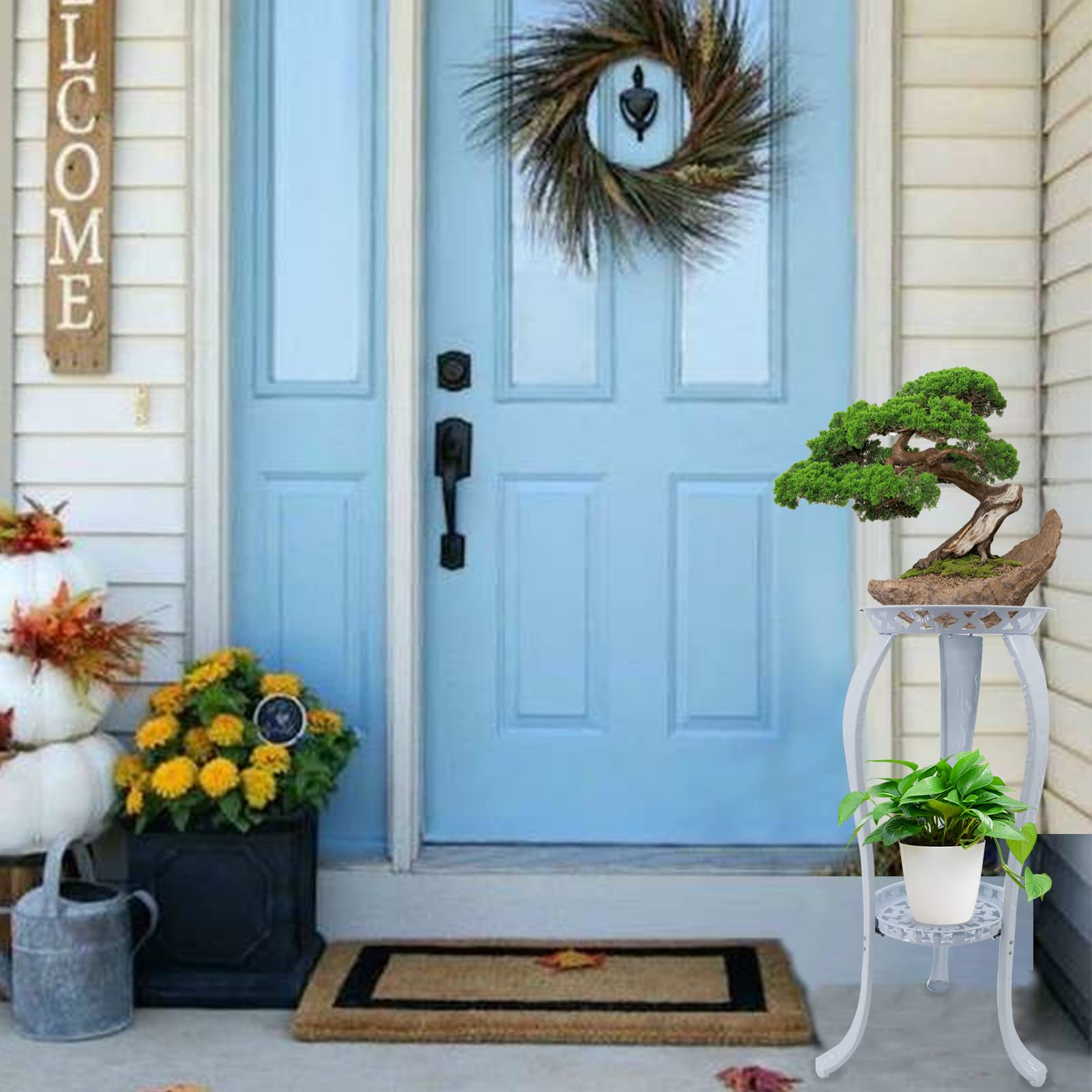 32 Inch Tall 2-Tier Metal Plant Stand - Rustproof Wrought Iron Flower Pot Holder for Indoor & Outdoor Garden Decor, White (2 Pack) - Perfect for Balcony, Patio, Living Room & Corner Spaces