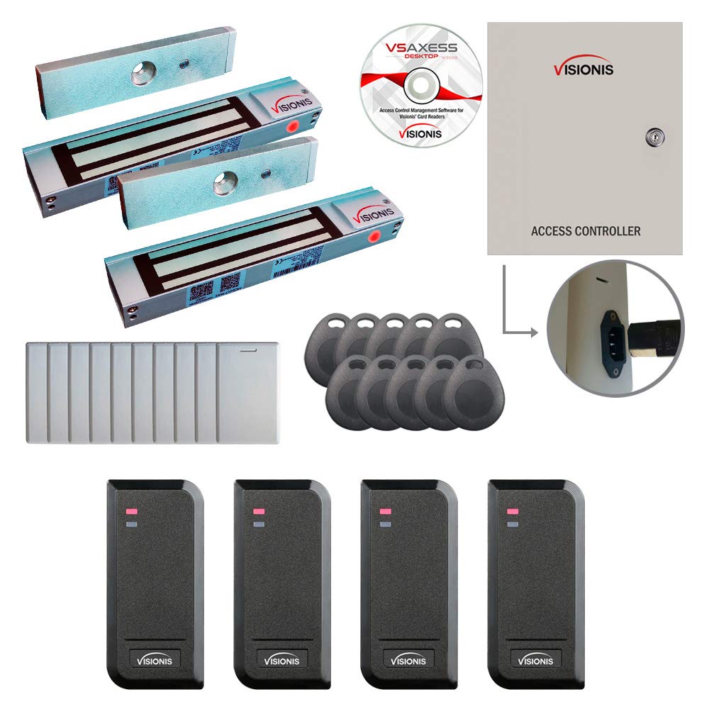 Visionis FPC-8526 Heavy Duty Two Door Access Control System with 300lbs Magnetic Lock, Time Attendance & Card Readers - Indoor/Outdoor Security for Offices, Warehouses & Commercial Buildings (10,000 Users Kit, Software Included)