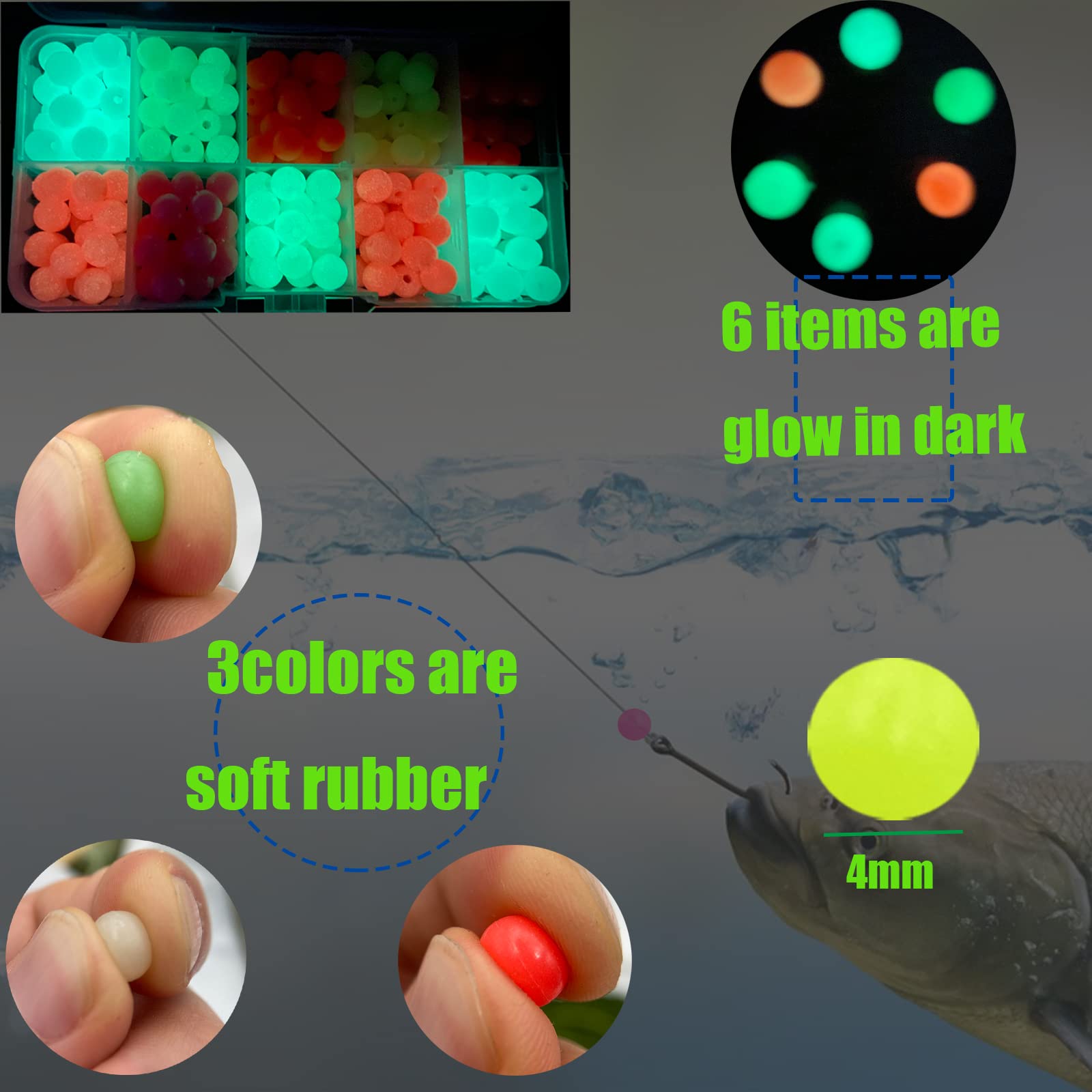 Glow in The Dark Fishing Beads - Soft Plastic Green Colorful Beads for Freshwater & Saltwater Fishing Rigs - Perfect for Night Fishing & Low Light Conditions