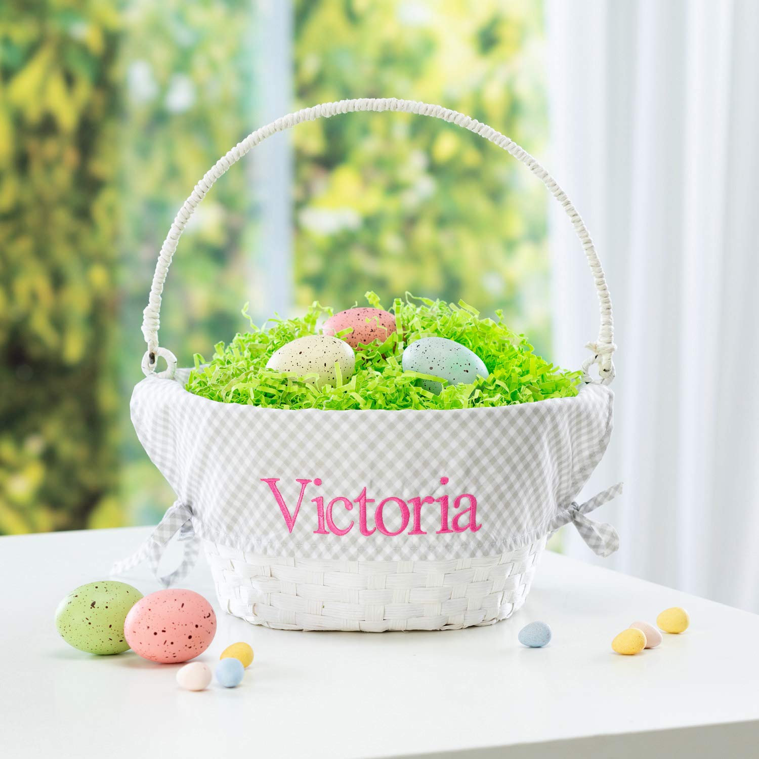Personalized Easter Basket with Gray Gingham Liner & White Design - Custom Name Gift for Kids & Adults | Easter Egg Hunt, Spring Decor, Holiday Party Favors
