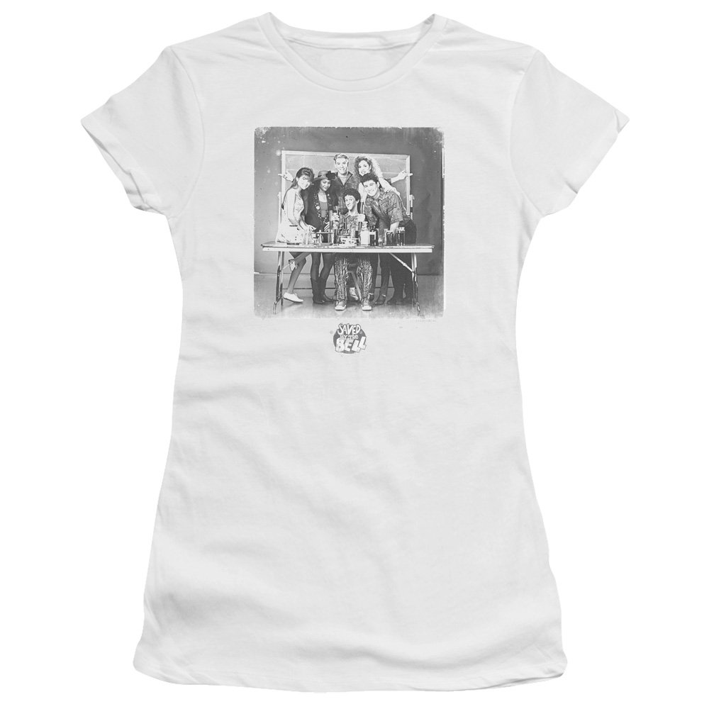 Trevco Saved by The Bell Class Photo Juniors' Sheer Fitted T-Shirt | Vintage TV Show Tee for Women | Perfect for Casual Wear, Cosplay & 90s Theme Parties