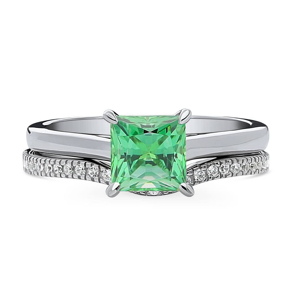 BERRICLE Sterling Silver Solitaire Wedding & Engagement Ring Set - 1.2 Carat Green Princess Cut Cubic Zirconia CZ Wishbone Design for Women, Rhodium Plated, Size 4-10 | Perfect for Proposals, Anniversaries & Special Occasions