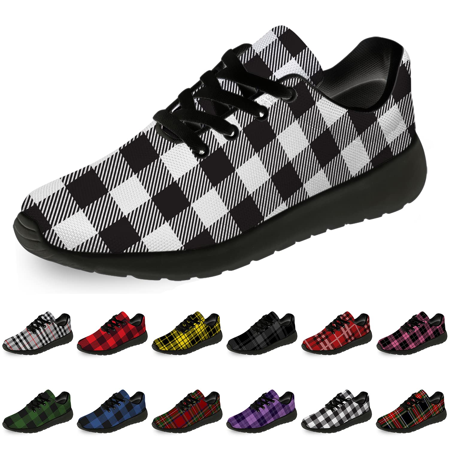 Men's & Women's Plaid Running Shoes - Buffalo White Black Tartan Check Sneakers for Walking, Tennis & Casual Wear - Size 12 Men/15 Women - Perfect Gift for Him & Her - Scottish Tartan Style for Workouts, Jogging & Everyday Fashion