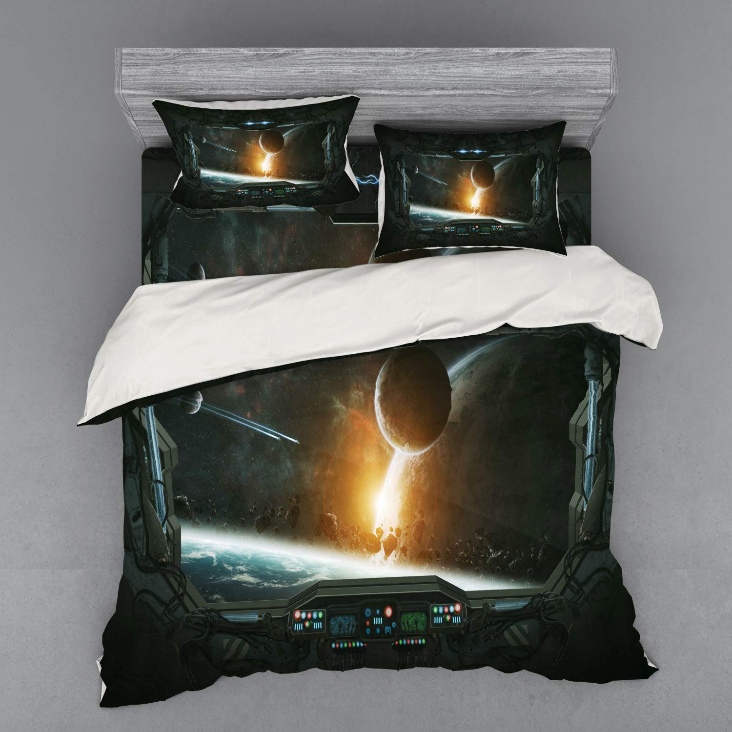 Ambesonne Outer Space Bedding Set - King Size 4-Piece Duvet Cover with Shams & Fitted Sheet | Astronaut Space Station & Planet View Design in Grey Orange | Perfect for Sci-Fi Lovers & Space-Themed Bedrooms
