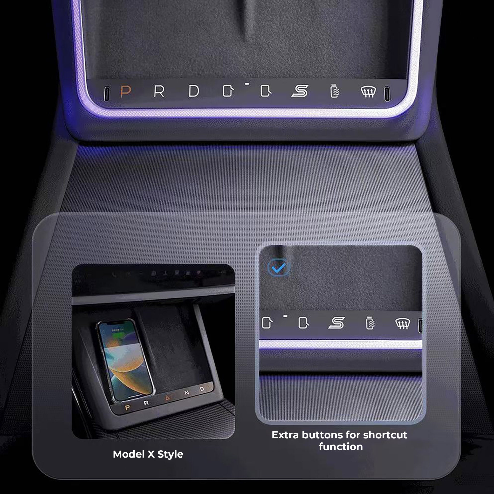 2024 Tesla Model 3 Highland Center Console Upgrade - Premium Gear Selector with Ambient LED Lighting & Smart Shortcut Buttons | Enhanced Interior for Modern Driving Experience