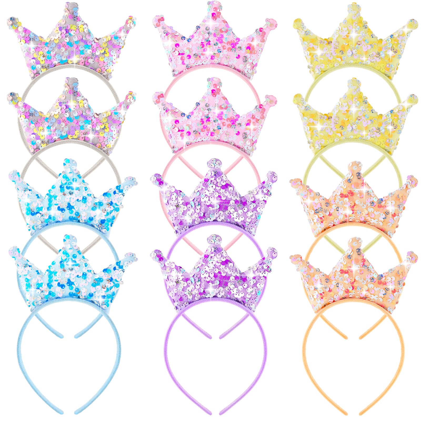 12 Pack Glitter Princess Crown Headbands for Girls - Sparkly Birthday Party Favors & Decorations - Perfect for Princess Themed Parties, Dress Up, and Photo Props