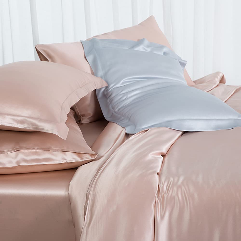 Orose 4PCs 22 Momme Mulberry Silk Sheets Bed Set - Charmeuse Seamless Deep Pocket Fitted Sheet, Pillowcases & Flat Sheet (California King, Rose Pink) | Luxury Soft Bedding for Master Bedroom, Hotel & Spa
