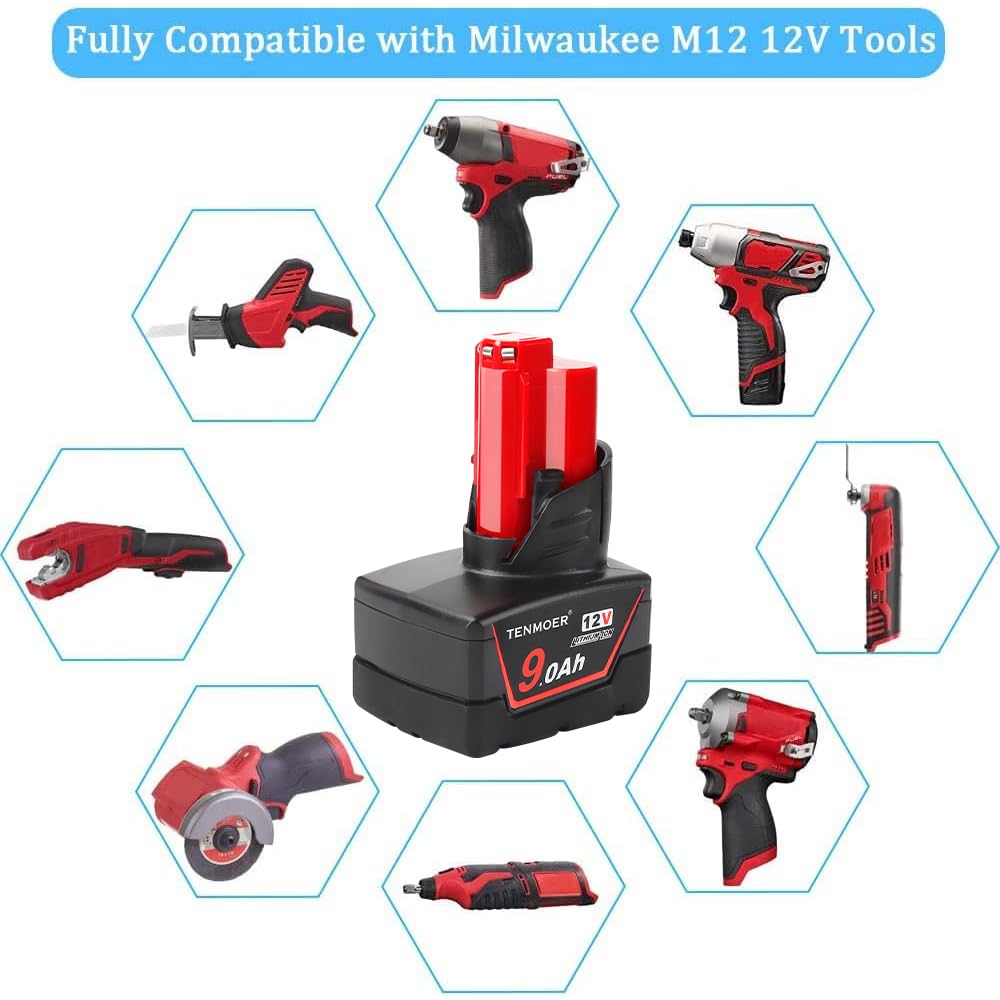2 Pack 9.0Ah Replacement Battery Compatible with Milwaukee 12V (48-11-2460) - High Capacity Power Solution for Milwaukee 12V Tools - Perfect for Drills, Saws, and Cordless Power Tools