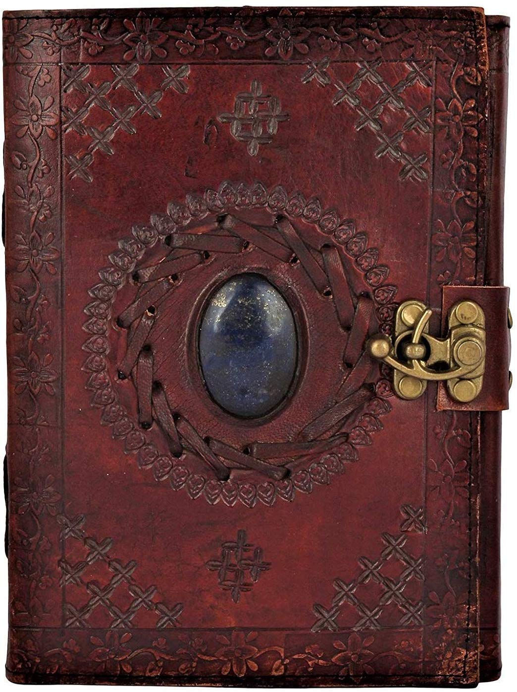 Handmade Leather Journal with Lock - LJ Brown Stone Embossed Cover, A6 Size (5x7 inches, 12x17cm) - Perfect for Students, Office, Sketchbook & Diary Writing | Gift Idea for Writers & Travelers