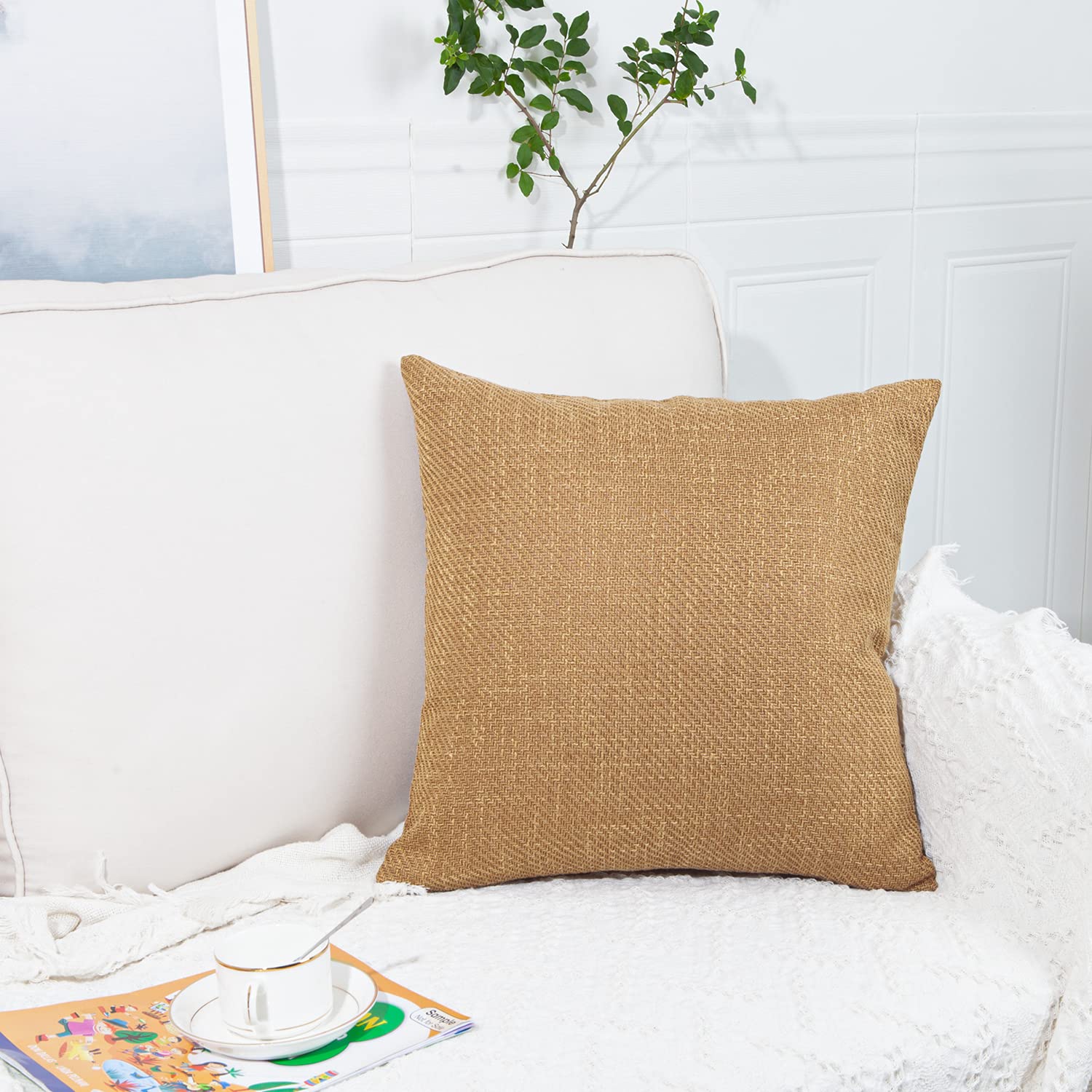 Artcest Set of 2 Rustic Throw Pillow Covers - 18x18 Inch Farmhouse Burlap Linen Cushion Cases for Couch, Bed & Living Room Decor (Gold Brown) | Perfect for Cozy Home, Farmhouse Style & Seasonal Decoration