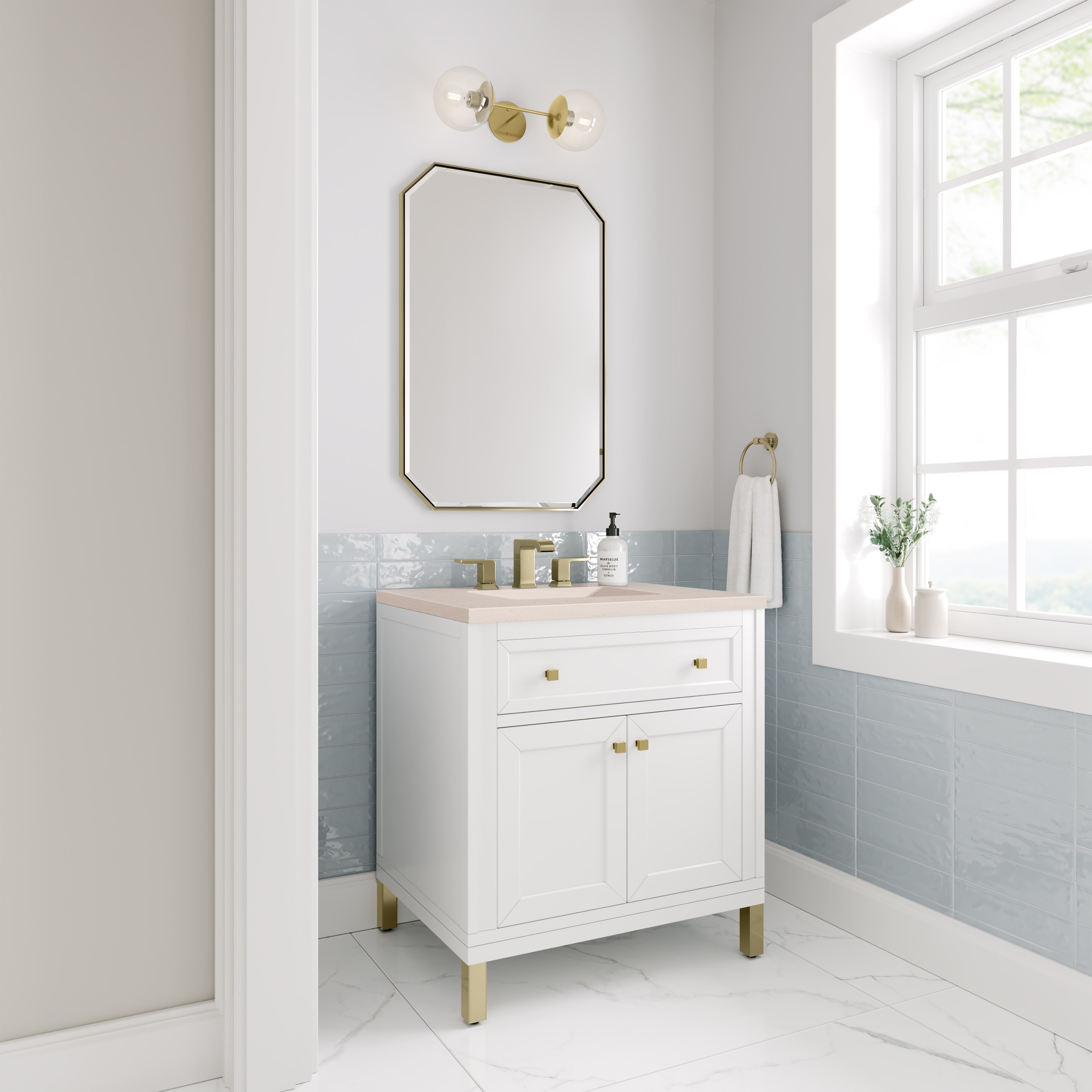 Chicago 30-Inch Single Bathroom Vanity Set with Glossy White Finish & 3CM Eternal Marfil Stone Top - Perfect for Modern Master Bathrooms & Powder Rooms