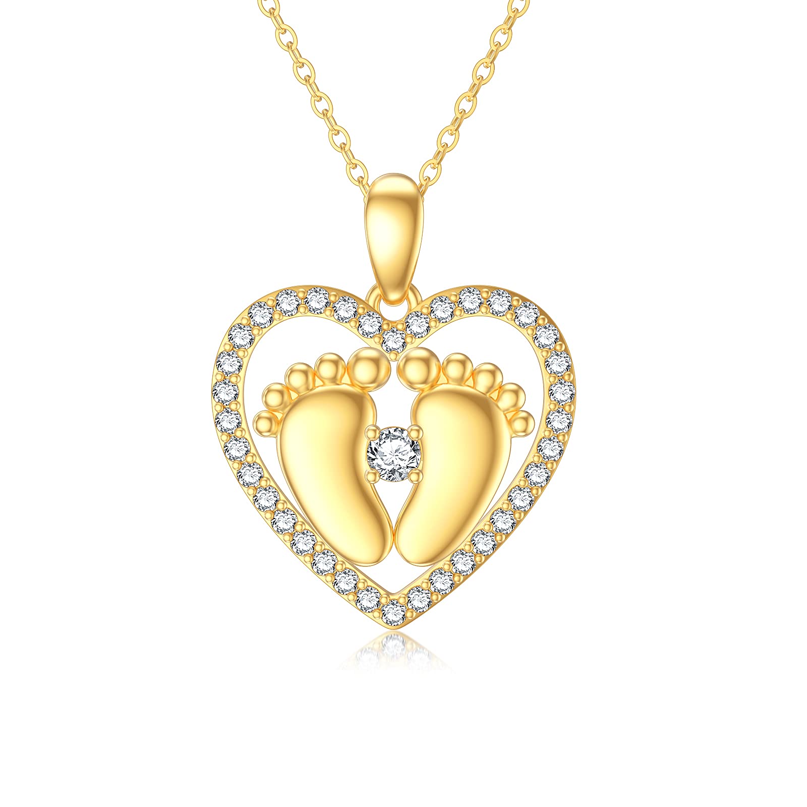 14K Gold Baby Feet Necklace for Mom - Heart Pendant Mother Daughter Jewelry Gift for Birthday, Mother's Day - Adjustable 16