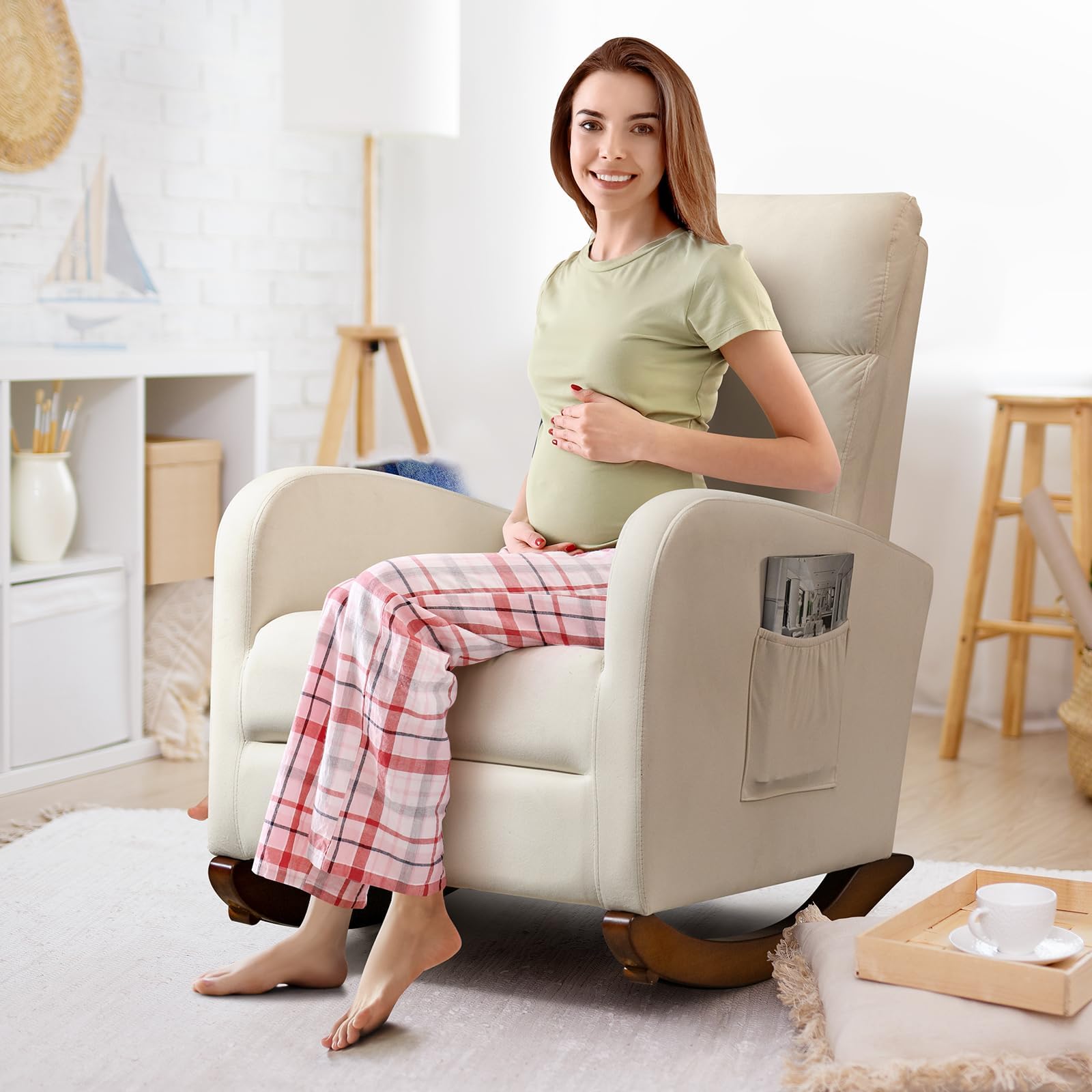 AVAWING Nursery Rocking Chair - Upholstered Glider Chair with Solid Wood Legs & Side Pockets - High Back Rocker for Living Room, Bedroom, Nursery (Beige) - Perfect for Breastfeeding, Reading & Relaxing