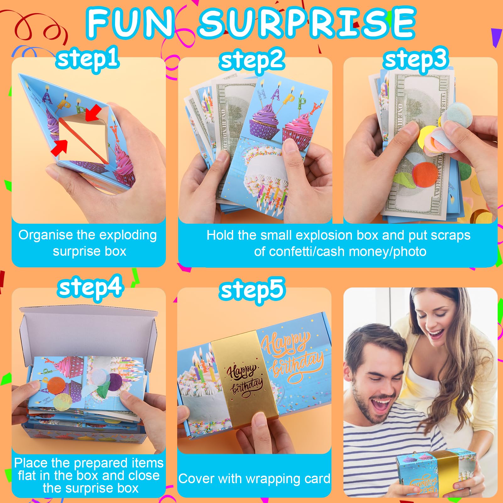 BABORUI Birthday Surprise Gift Box for Money - Exploding Confetti Gift Box for Men, Women & Kids - Perfect for Birthday Parties, Anniversaries & Special Occasions (Blue)