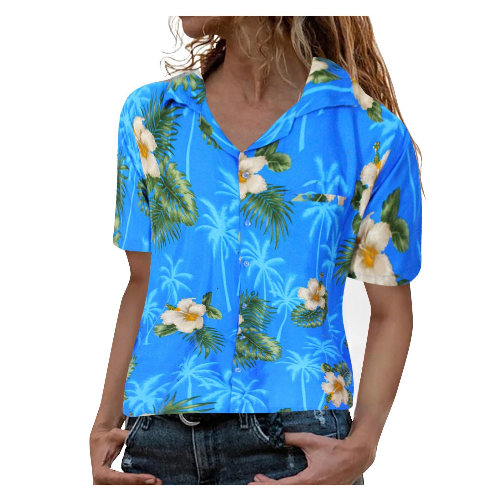 Women's Hawaiian Pineapple Flower Print Funky Blouse with Front Pocket - Light Blue XL | Summer Vacation Shirt, Beach Party, Tropical Theme Outfit
