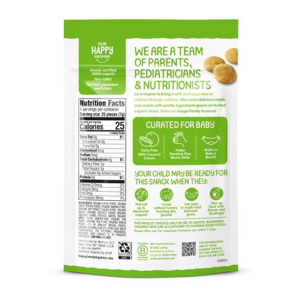 Happy Baby Organic Creamies Freeze-Dried Fruit & Veggie Snacks with Apple, Sweet Potato, Kiwi & Coconut - Healthy Baby Food for Crawling Infants - 1oz Pack of 8 - Perfect for On-the-Go Snacking & Toddler Lunchboxes