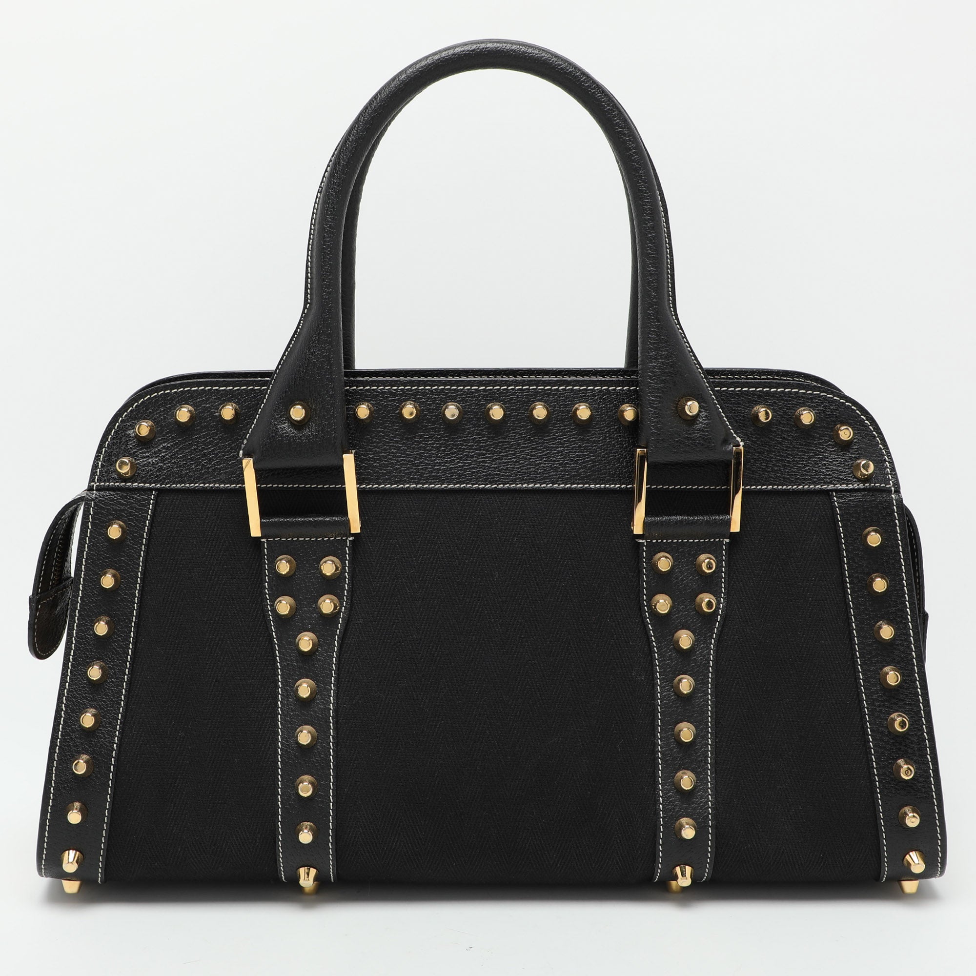 Black Canvas and Leather Selleria Embellished Satchel Handbag - Stylish Women's Shoulder Bag for Work, Travel & Everyday Use