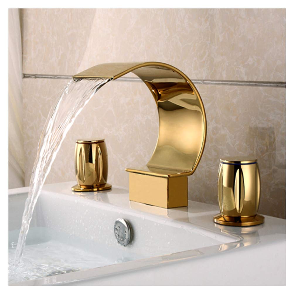 Elegant Waterfall Double Handle Widespread Bathroom Sink Faucet with Arc Spout - Gold Finish for Modern Bathroom & Vanity Decor | Perfect for Master Bath, Guest Bath, and Luxury Home Renovation