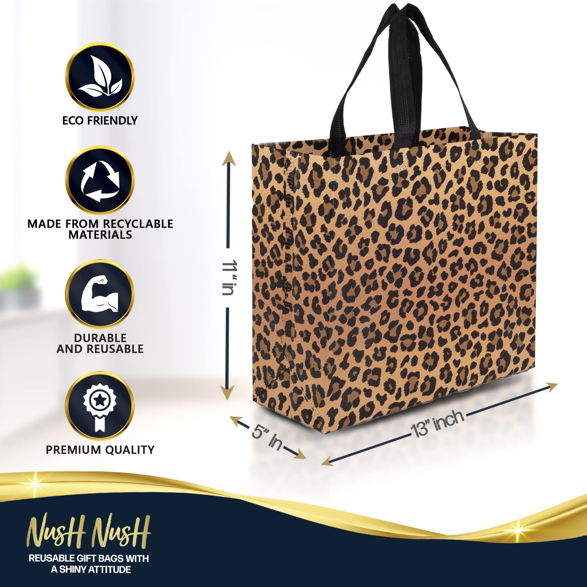 Nush Nush Leopard Print Gift Bags - Pack of 12 Large Reusable Cheetah Pattern Party Favor Bags with Handles (11x5x13 inches) - Perfect for Birthday Parties, Baby Showers & Wedding Favors