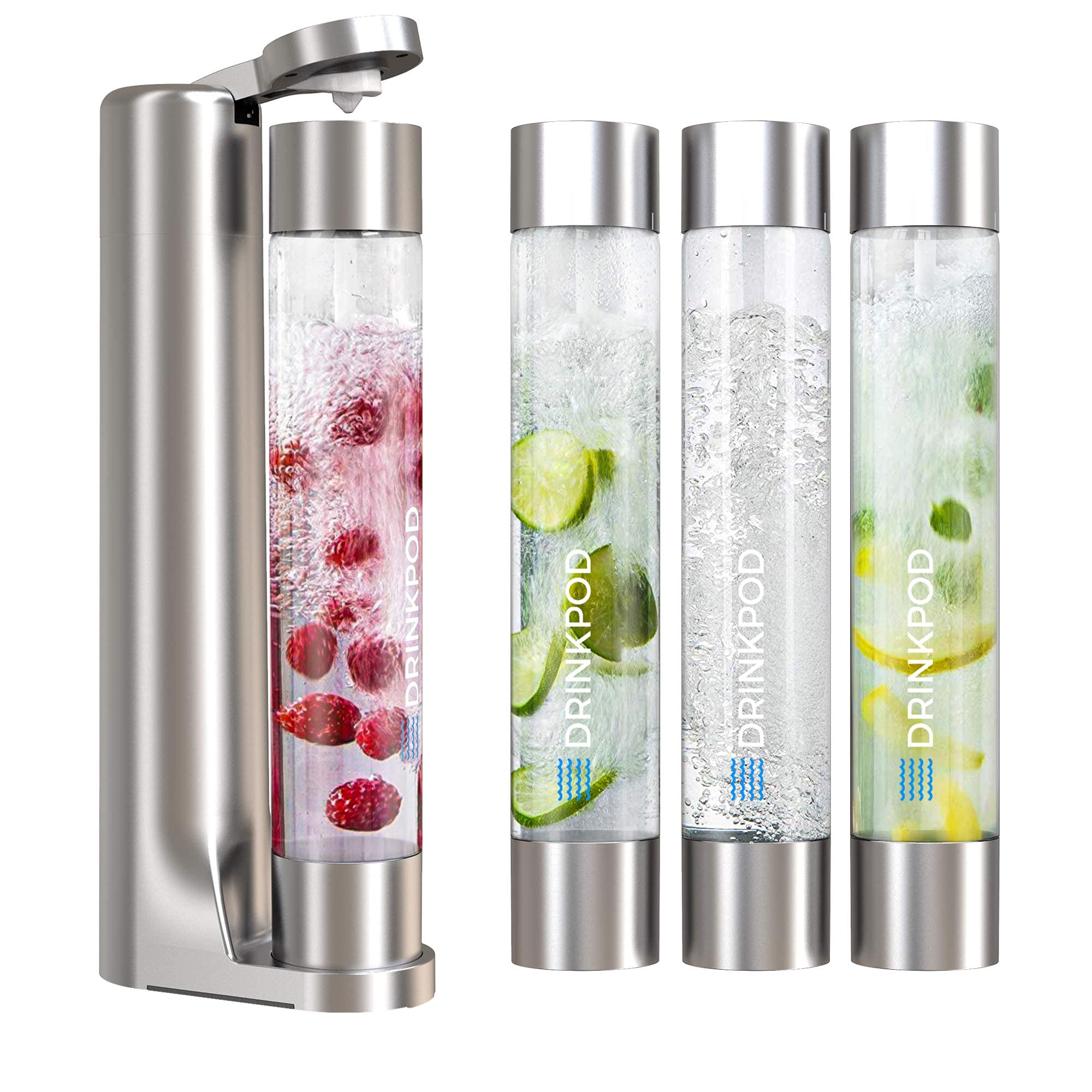 FIZZpod Soda Maker Machine - Make Sparkling Water, Juice, Coffee & Cocktails at Home | Includes 3 Bottles, 3 Caps, Carbonator Cap & 2 CO2 Cylinders (Silver) | Perfect for Kitchen, Office, Parties & Healthy Drinks