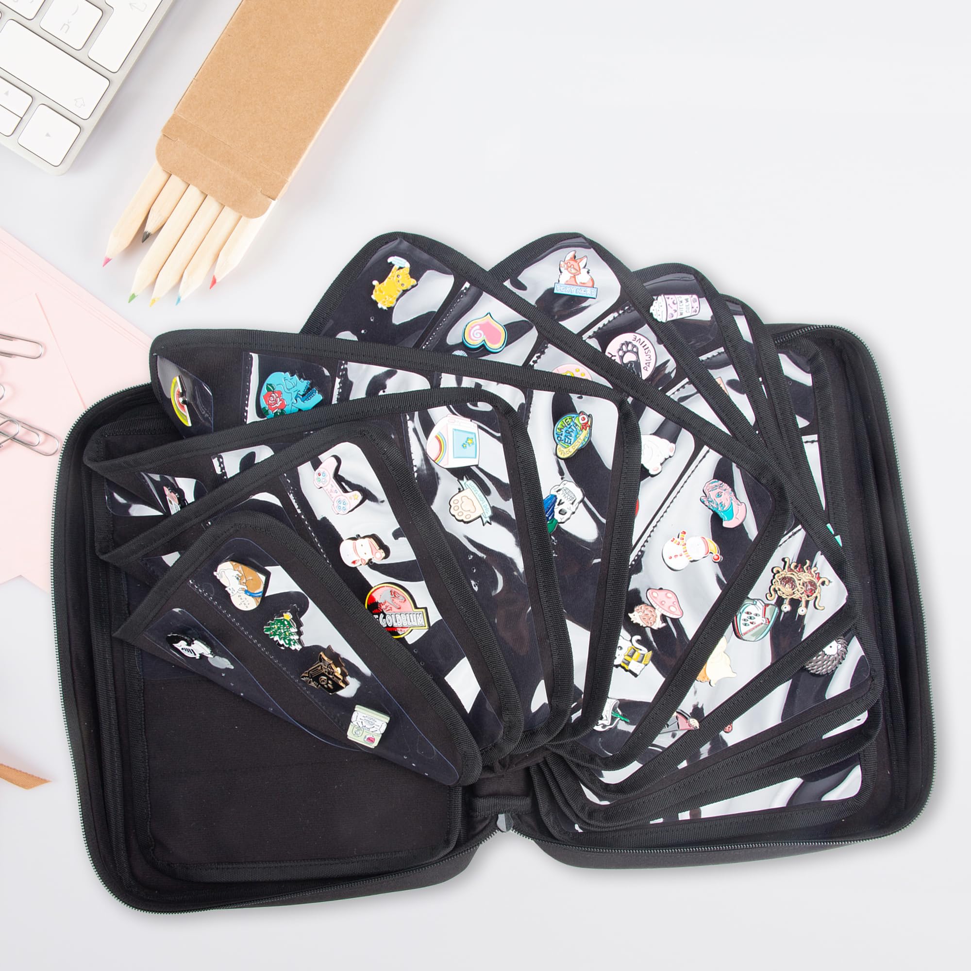 Large Portable Travel Brooch Pin Carrying Case - Enamel Pin & Lapel Pin Storage Organizer with 2 Zipper Pockets & 10 Display Pages (Holds 250 Pins) - Perfect for Collectors, Conventions & Travel (Black)