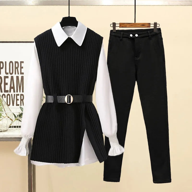 Korean Style Autumn Women's 3-Piece Outfit - Chiffon Shirt, Knitted Sweater & Jeans Set, Elegant Tracksuit for Casual Wear | Office, Dating & Fall Fashion