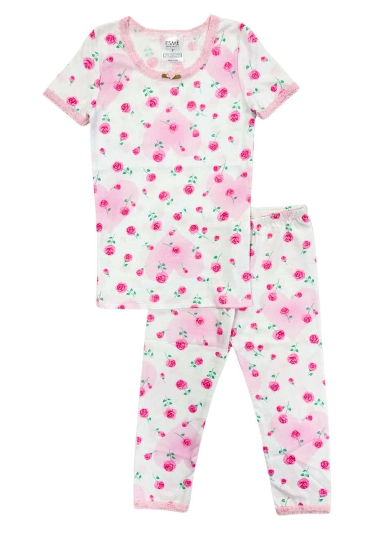 Women's Rose Print Short Sleeve Top & High Waist Cropped Legging Set - Yoga, Workout, Lounge Wear for Summer