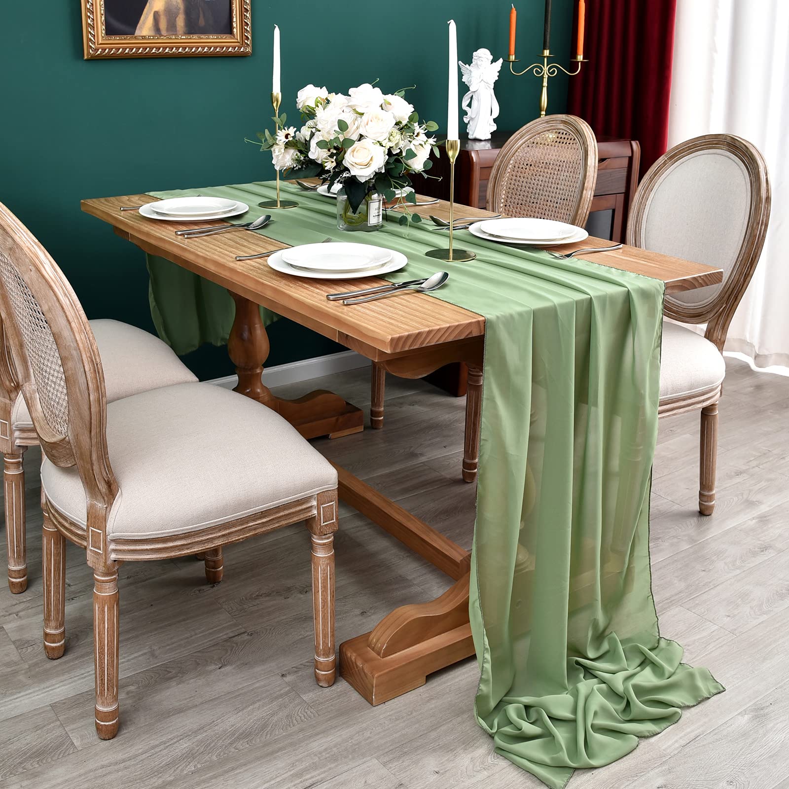 DOLOPL 10ft Sage Green Chiffon Table Runner - Elegant St. Patrick's Day, Wedding, Baby Shower & Birthday Party Decor - Rustic Sheer Gauze Table Cover for Romantic Bridal Events, Home & Holiday Decorations