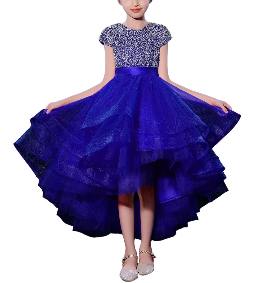 Elegant Beaded High-Low Tulle Pageant Dress for Girls | Princess Flower Girl Dress for Weddings, Parties & Special Occasions