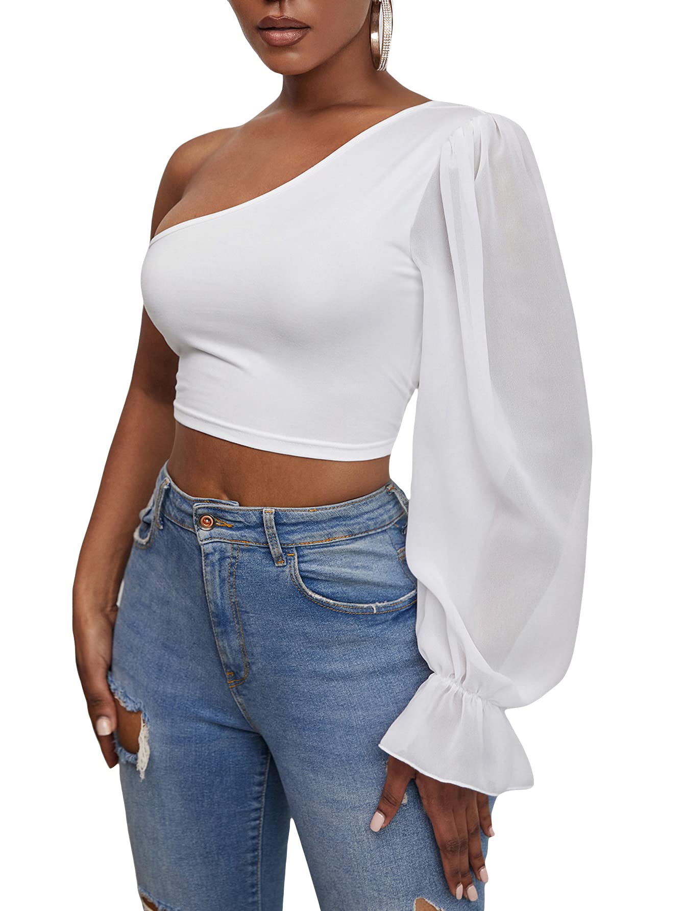 SOLY HUX Women's One Shoulder Flounce Long Sleeve Crop Top Blouse - Elegant Solid Color Off-Shoulder Shirt for Party, Date Night & Casual Outfits