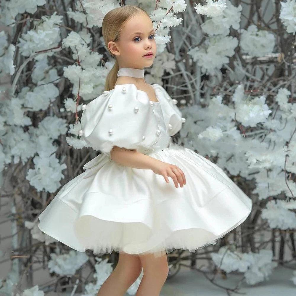 Elegant Scoop Neck Puff Skirt Flower Girl Dress for Weddings, Parties & Special Occasions - Floral Lace Tea-Length Formal Gown