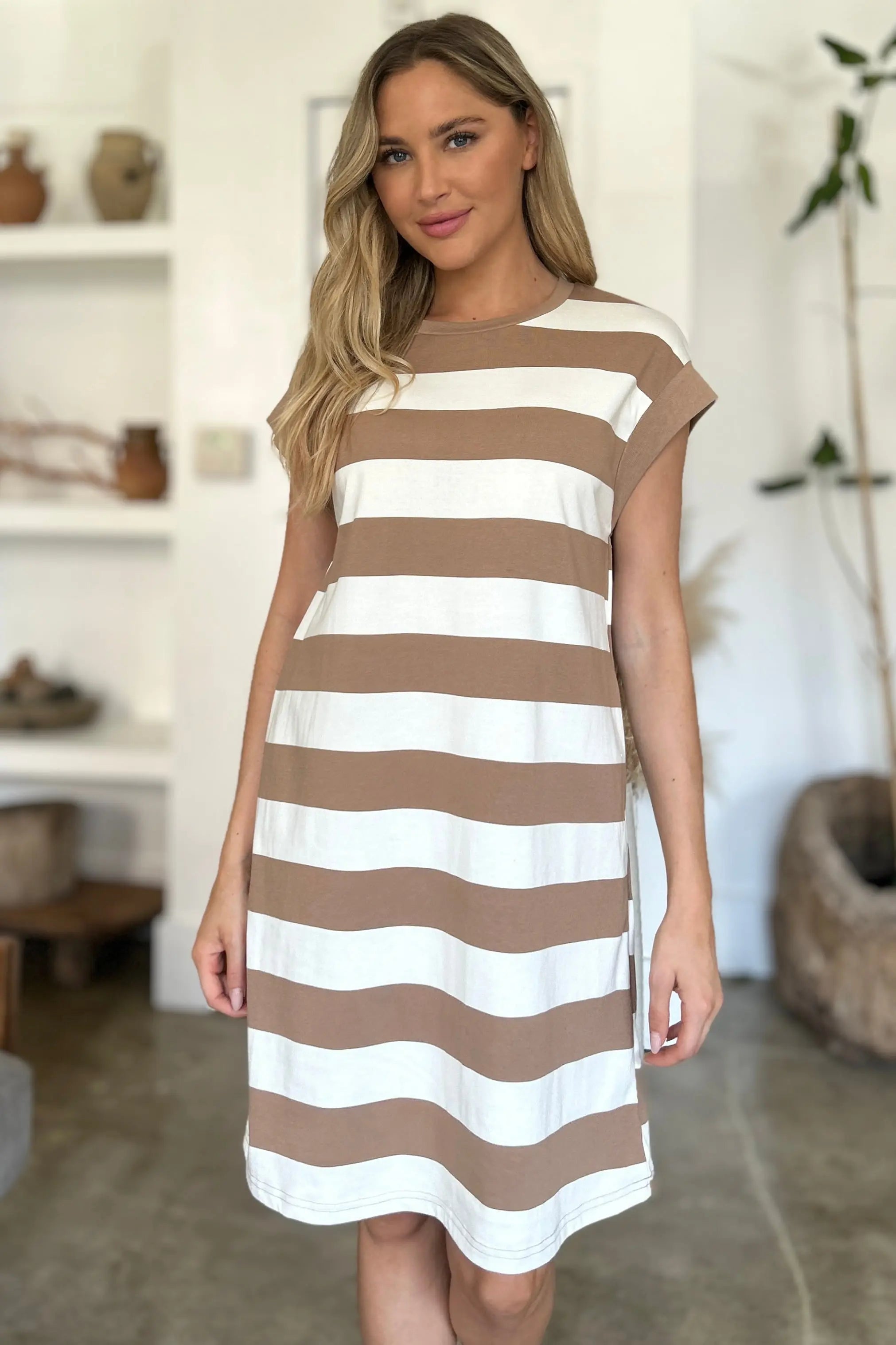 Basic Bae Women's Full Size Striped Round Neck Cap Sleeve Mini Dress - Casual Summer Outfit for Beach, Party & Date Night